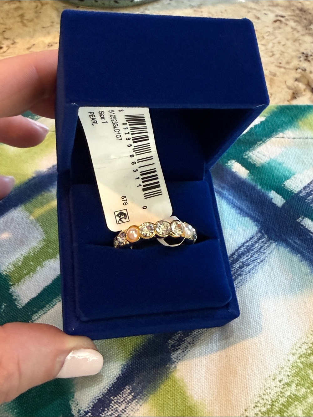 NEW KURT GEIGER LONDON Faux Pearl Crystal Goldtone Band Ring, Size 7 or 8